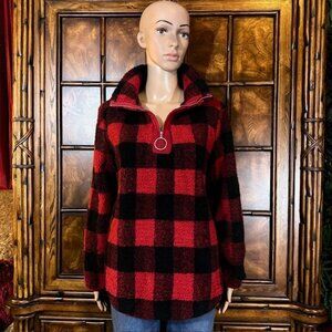 Angashion Red Buffalo Check Plaid Fleece Teddy O-Ring Quarter Zip Top